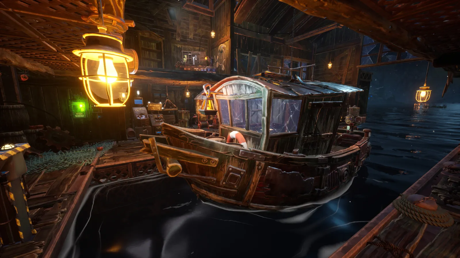 The interior of a Dreadmoor trawler cabin with a lantern and storage