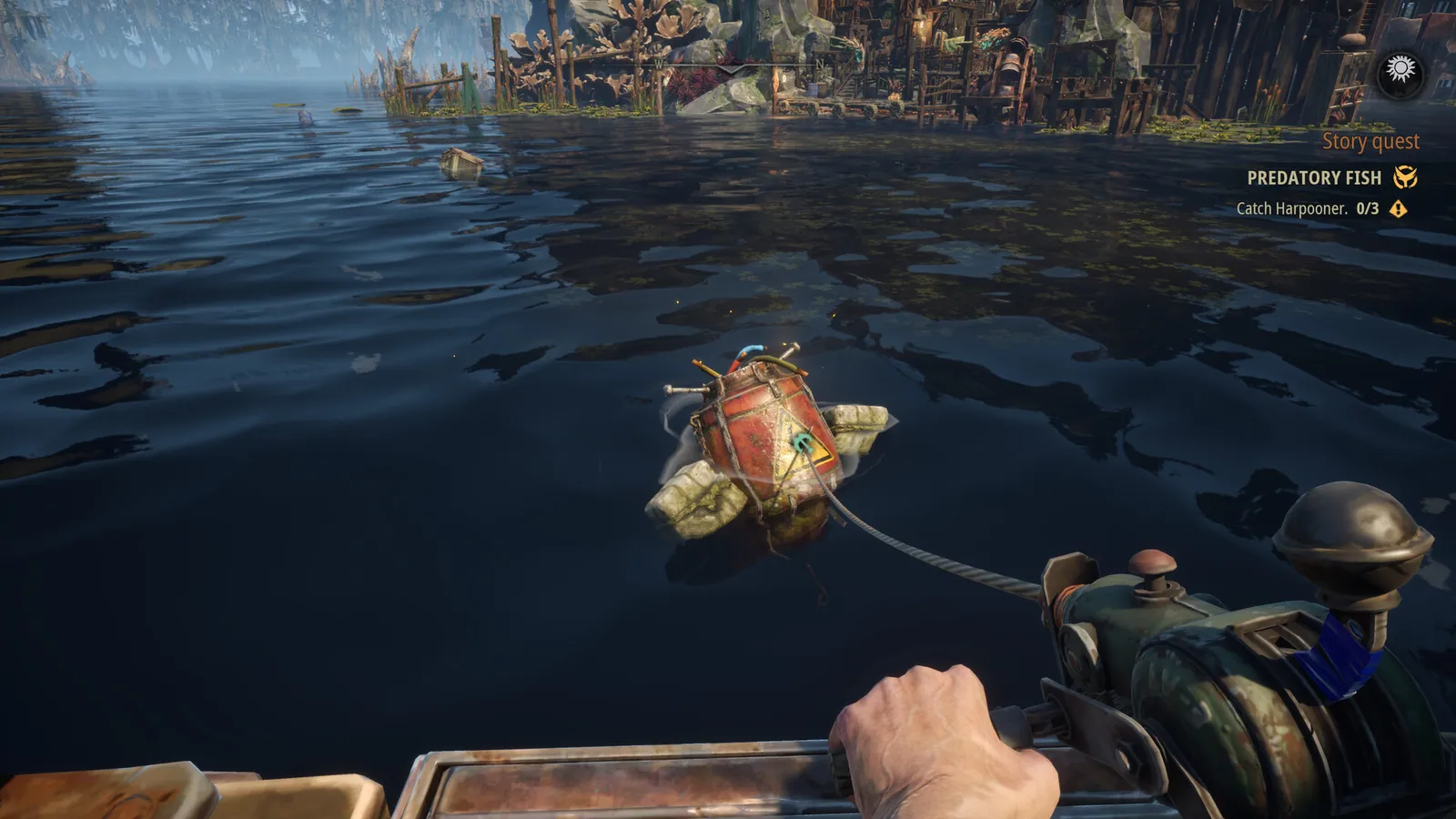 Casting a fishing line into dark water in Dreadmoor
