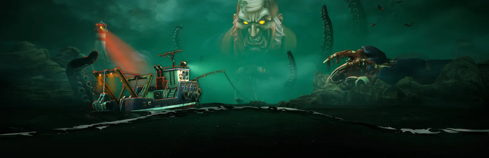 A Dreadmoor trawler facing a huge tentacled creature in red-lit water