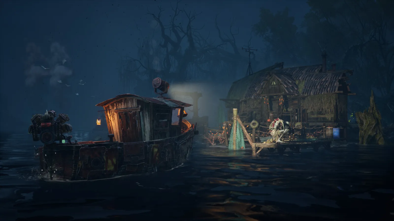 A Dreadmoor trawler moving through fog in the flooded swamp