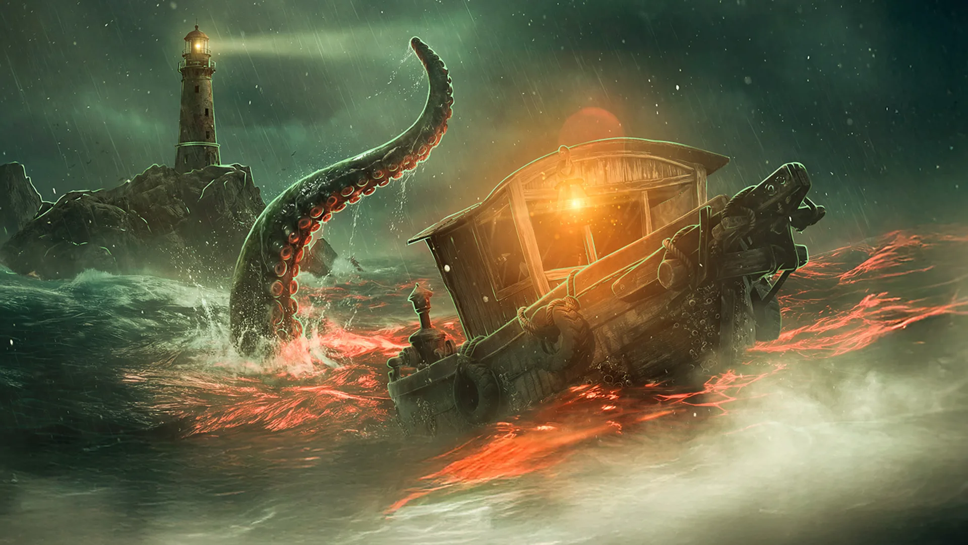 The Dreadmoor trawler passing a lighthouse in the flooded Submerged Lands, with a tentacled creature breaking the water
