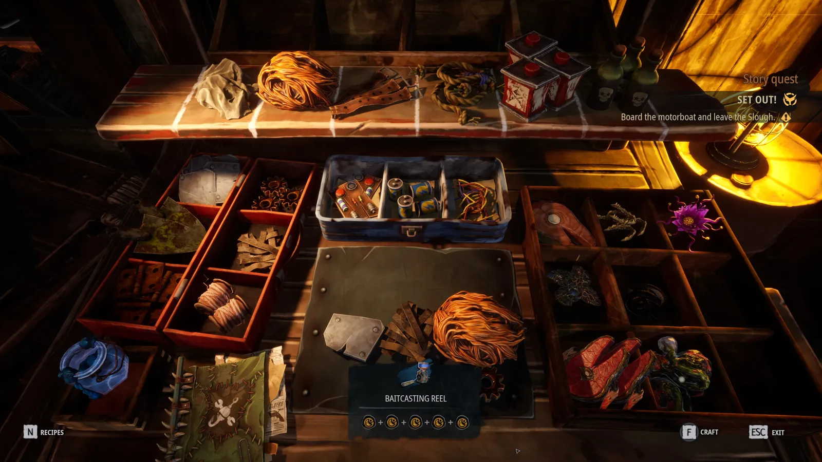 The Dreadmoor inventory and crafting screen showing materials and components