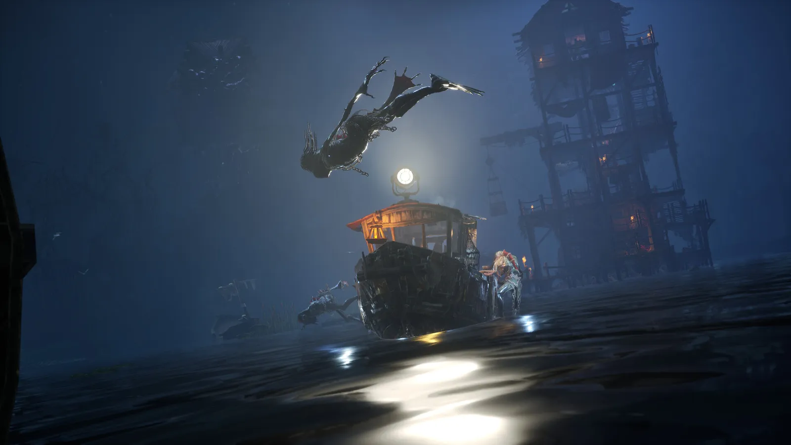 A Dreadmoor boat navigating dark water with a spotlight and a distant waterway structure