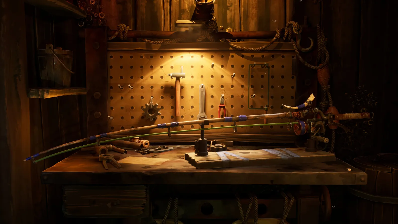 Fishing rods and tackle laid out on a workbench in Dreadmoor